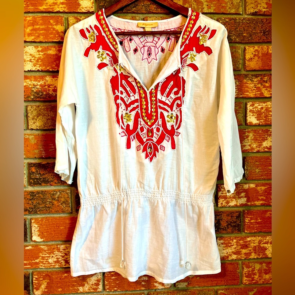 Kyra Anthropologie Embroidered Embellishments Cotton Tunic Blouse Size S